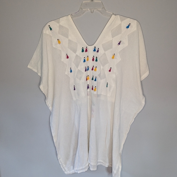 Mexican embroidered tunic people happy gathering one size woman's throw over - Picture 6 of 6